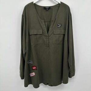 Chelsea Studio Tunic Top Shirt Size 4X Army Green Henley Long Sleeve Utility